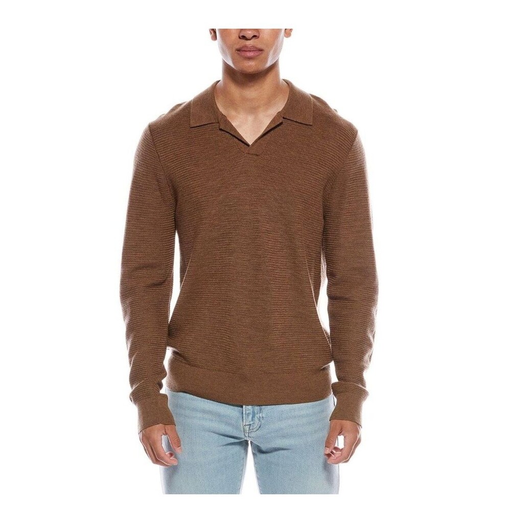 VINCE Polo Sweater Mens Small Brown V-Neck Johnny Collar 100% Merino Wool $365